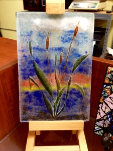 "Cattails at Sunset", Artist: Eric Suevel, Frit cast into a carved mold made of Castalot Mold Mix.